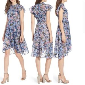 Chelsea 26 Blue Floral High Low Ruffle Dress Short Flowy Fairy Women’s S